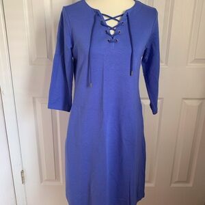 Zuda T-Shirt Dress Blue Knit Lace-Up V-Neck 3/4 Sleeve XS Knee Length